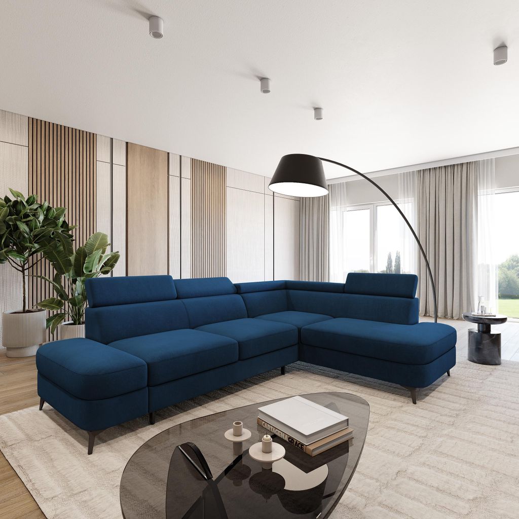 Masseno Ecksofa AVISE MV R-S mit Schlaffunktion L-Form, Sofa mit Bettkasten, Wohnzimmersofa, Couch, Soffa, Bettsofa, Couchgarnitur- Blau, MATT VELV...