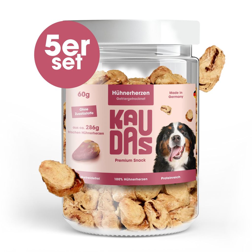 KAUDAS Hundesnack HühnerherzenPur - 5× 60g gefriergetrocknetes Huhn - 286g Rohgewicht