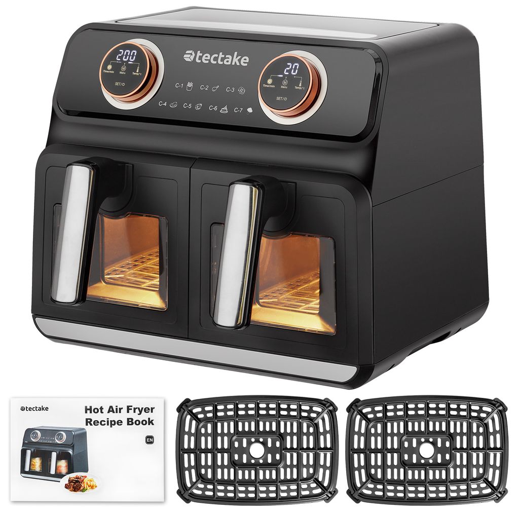 A black dual-chamber air fryer with digital displays and accessories, presented on a white background.