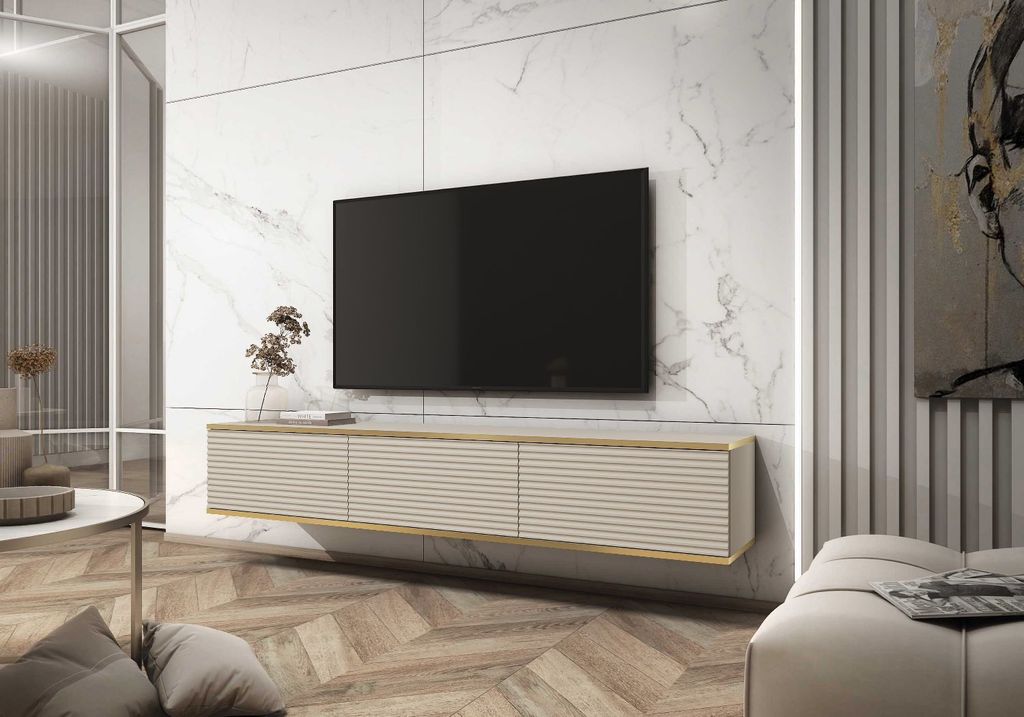 TV Lowboard RTV-Schrank Fernsehtisch ORO MDF 175 Beige- Kaschmir + Gold