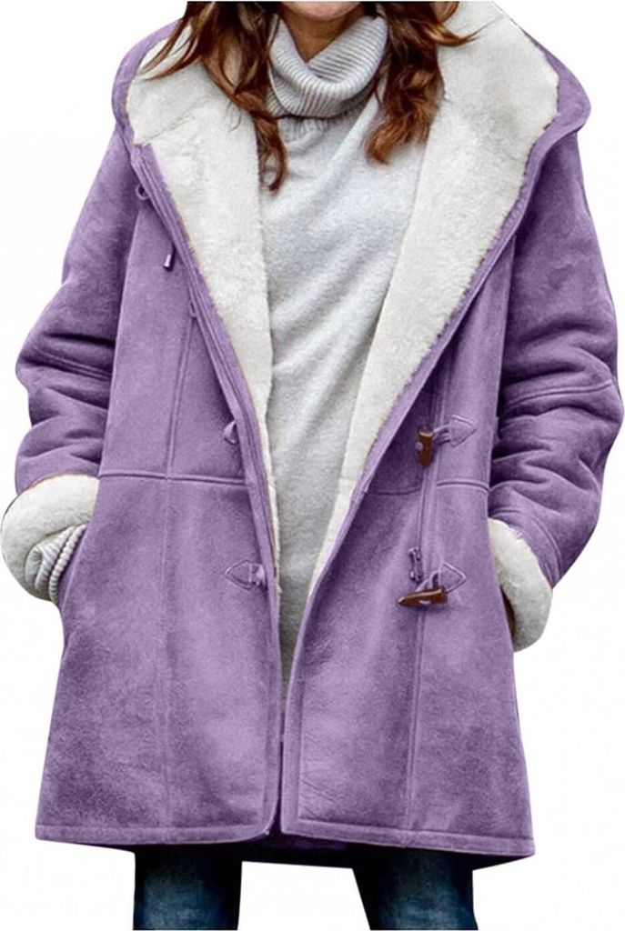 ASKSA Damen Fleecejacke Wintermantel Warm Fleece Hornknopfjacke Herbst Winter Kapuzenpullover Jacke Mantel, Lila, M