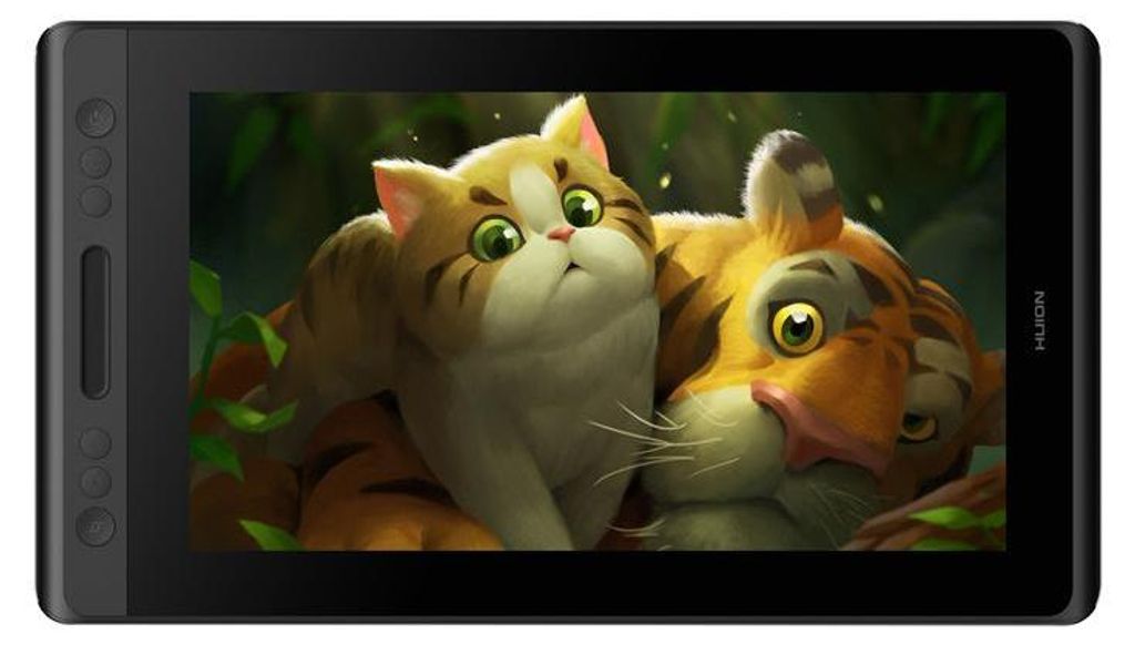 A digital drawing of two cartoon cats, one orange and white, the other a tiger, are shown on the screen of a HUION Kamvas Pro 13 graphics tablet.