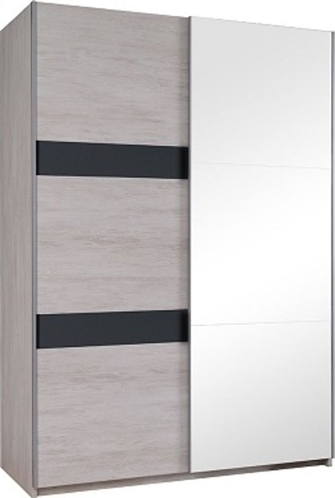 Furmeb24 - DENVER 2-triger Schwebeschrank mit Spiegel, Kleiderschrank (Eiche wei / Graphit gl€nzend+Spiegel) - Ohne LED
