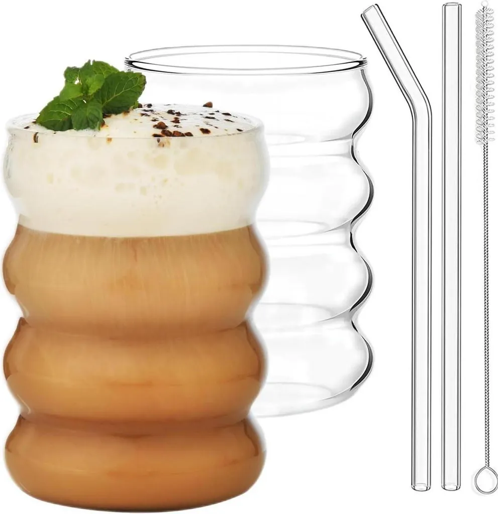 Bicchieri Iced Coffee 530ml ALINK con Cannuccia - Estetica Ribbed Glass