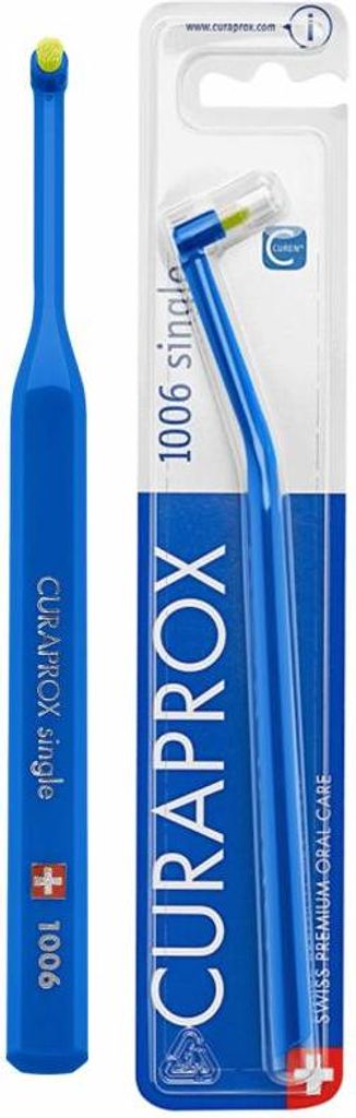 A blue interdental brush and its packaging are displayed against a white background.