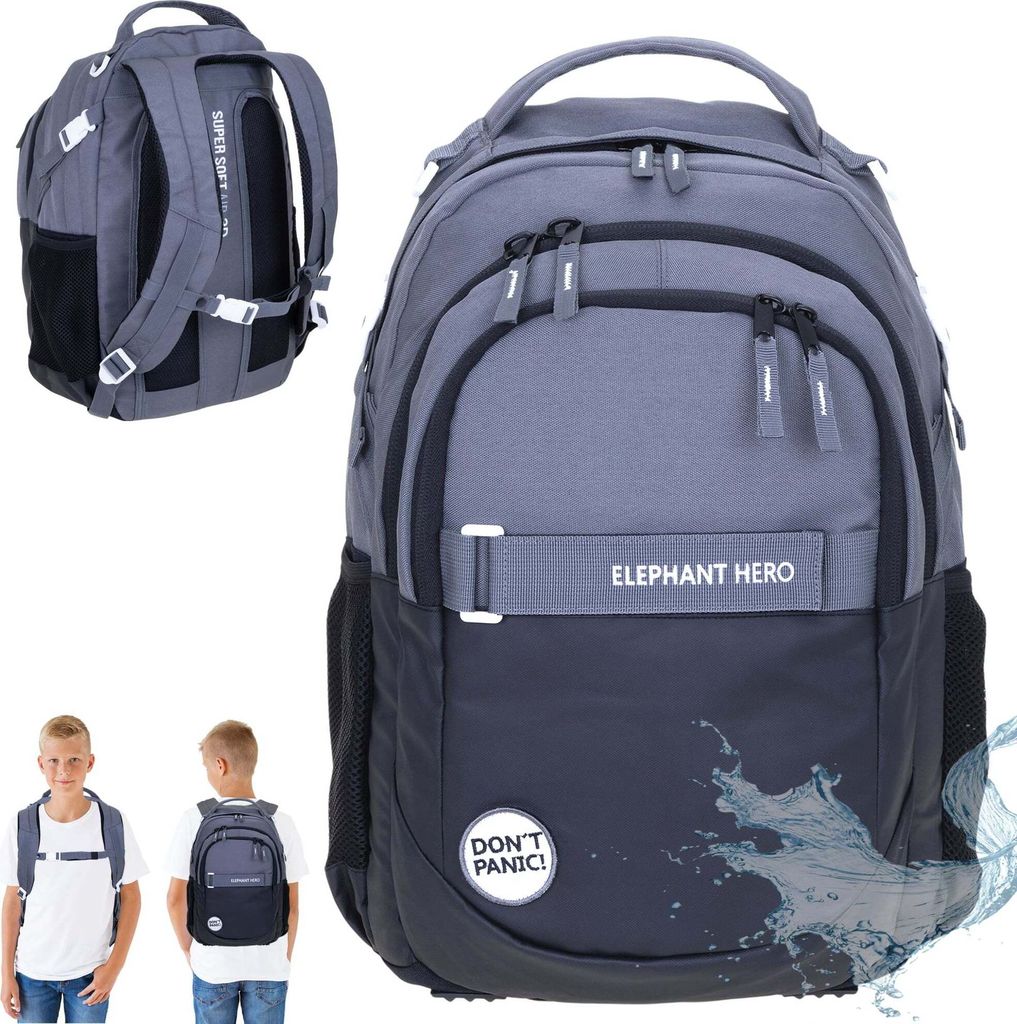 Schulrucksack Elephant Hero Signature Rucksack Jungen Schultasche backpack Schulranzen Schulmappe Schule Tasche 13047 Color Block Schwarz Anthrazit