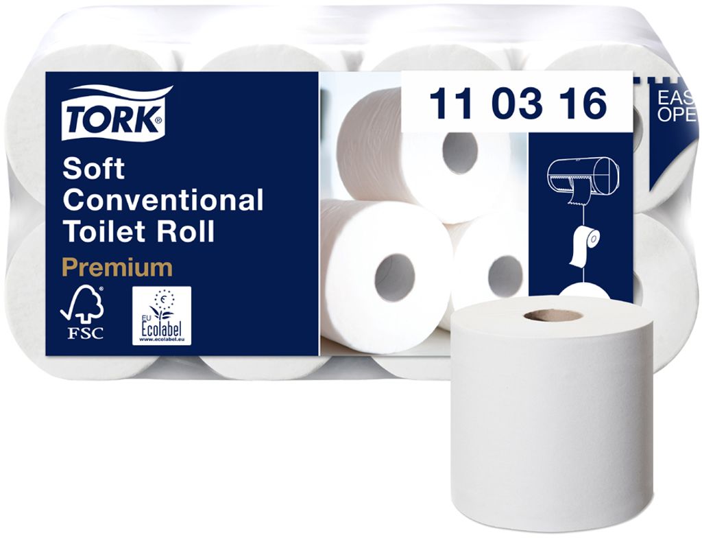 A pack of Tork toilet paper rolls with a single roll in the foreground.