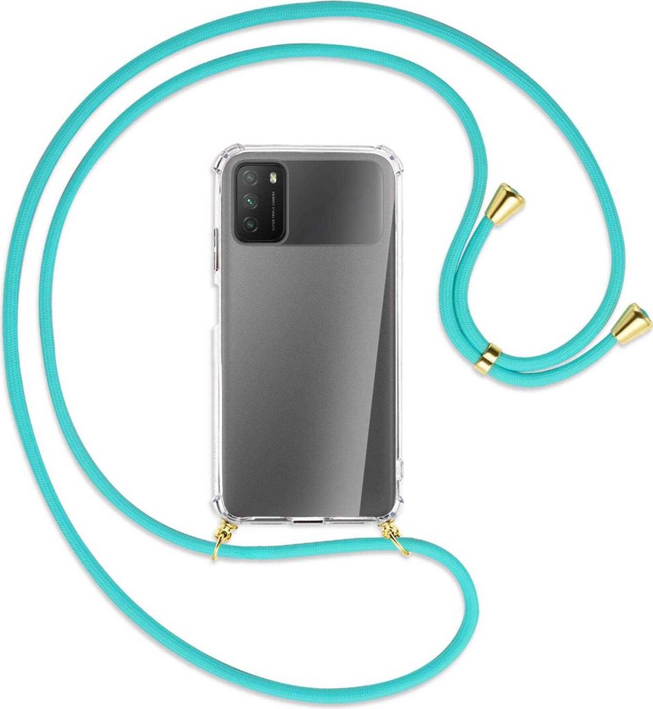 Handykette Backcover-Schutzhülle mit Band (Metall goldfarben) für Xiaomi Poco M3 - türkis