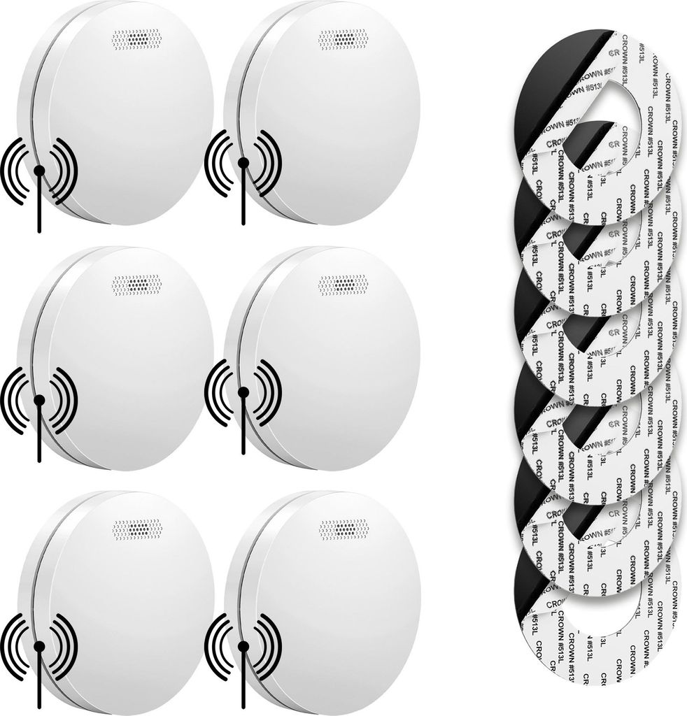 SAVS SM11R4 Funkvernetzter Rauchmelder 6er-Pack – 10 Jahre Batterie – Extra flaches Design – Kein LED-Licht – Montage ohne Bohren