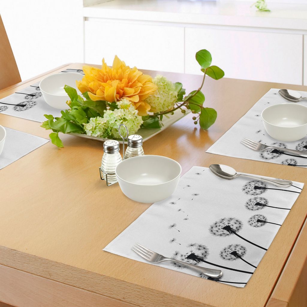 ABAKUHAUS Löwenzahn Platzmatten, Einfarbige Schwarze Blume silhouettiert Wind-Effekt-Blowball-Anlagen-Pollen-Natur, Tiscjdeco aus Farbfesten Stoff...