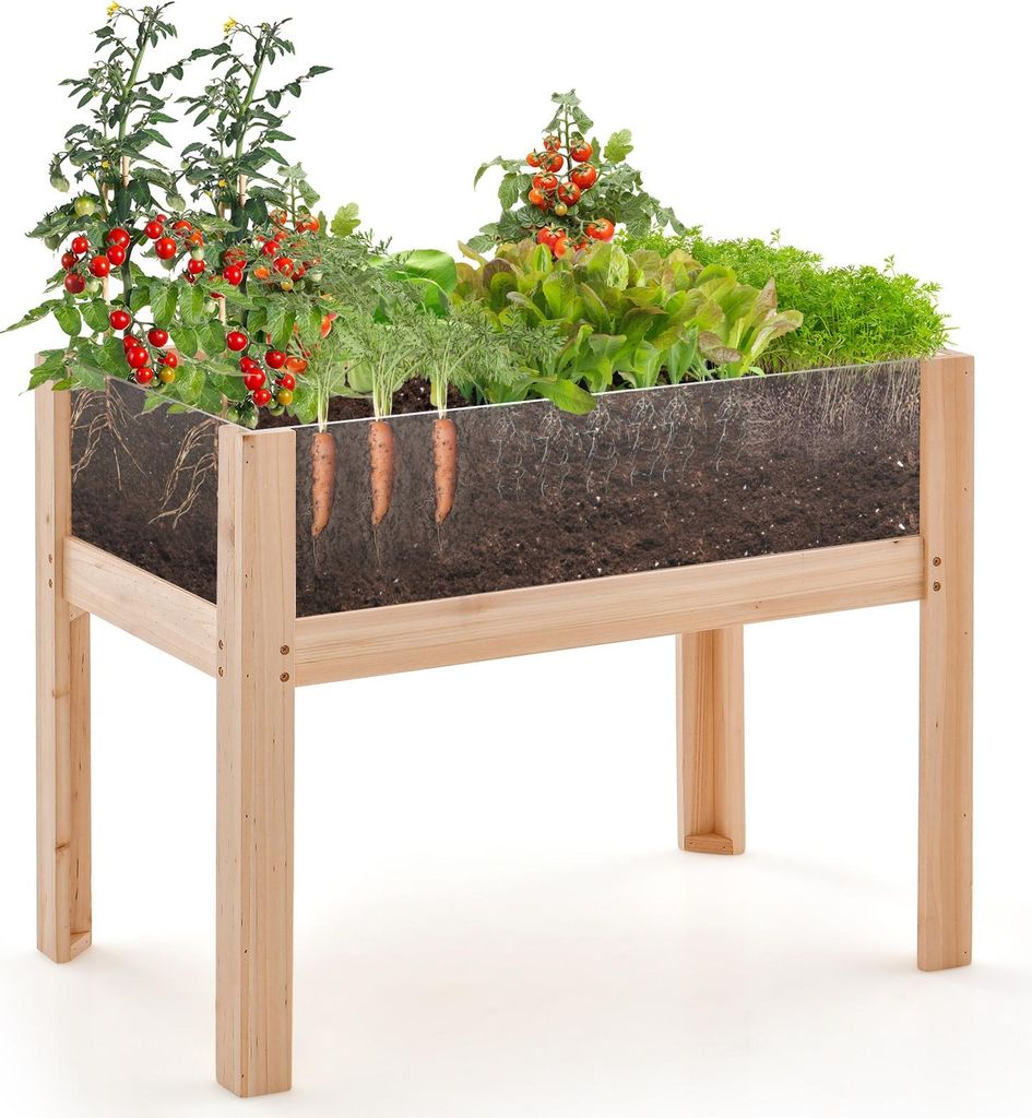 Hochbeet mit Beinen, erhöhter Pflanzkasten aus Holz mit Drainagelöchern, Acrylplatten & Design mit erhöhten Beinen, hohes Anbaugefäß, Natur