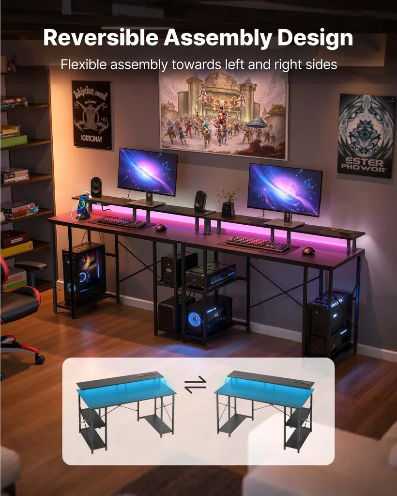 Table de Bureau Ergonomique avec Support Écran et Étagères de Rangement