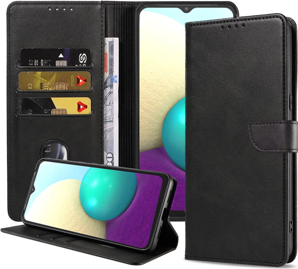 Adatto a Samsung Galaxy A02 Custodia per telefono in ecopelle con labbro magnetico e portacarte a libro con patta - Nero - Smartphonics