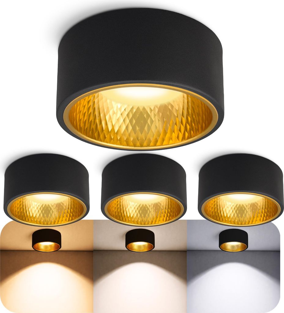 SSC-LUXon 4er Set OLINO Aufbaustrahler schwarz gold rund mit wechselbare Optik - Deckenlampe LED drei einstellbaren Lichtfarben 3CCT Lampe GX53 230...