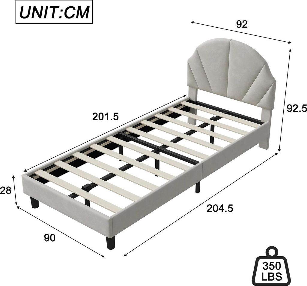 Samt Polsterbett - Einzelbett 90 x 200 cm - Lattenrost inklusive - Kopfteil - Holzrahmen - Ohne Schubladen - Beige