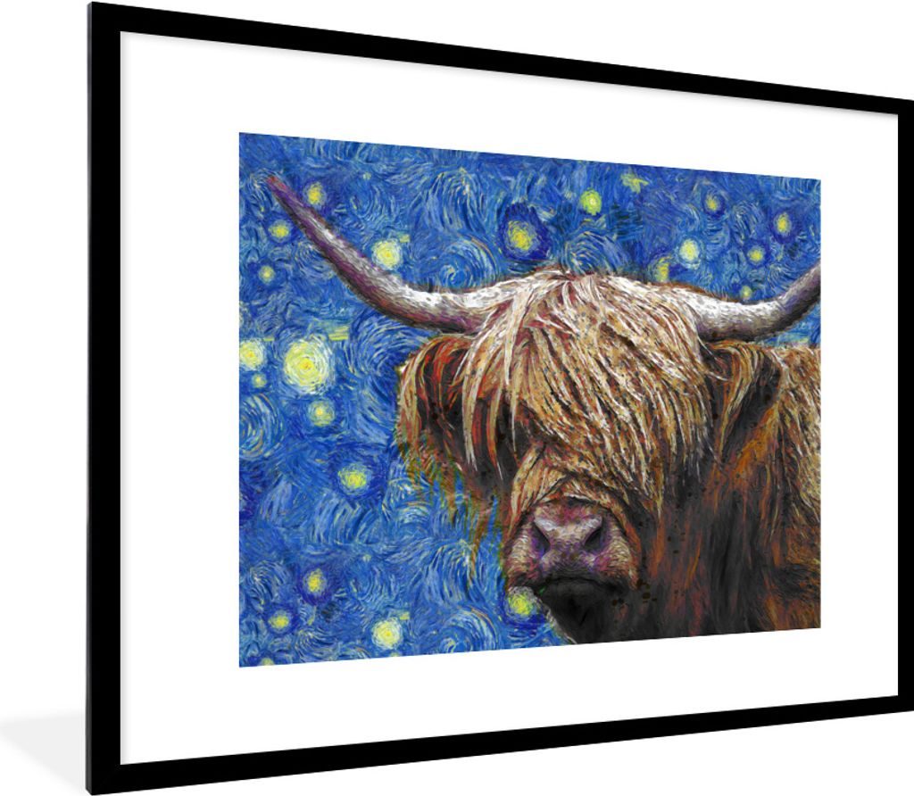 MuchoWow Gerahmtes Poster Van Gogh - Schottischer Highlander - Sternennacht 80x60 cm - Poster mit Schwarzem Bilderrahmen Wandposter Rahmen Foto B...