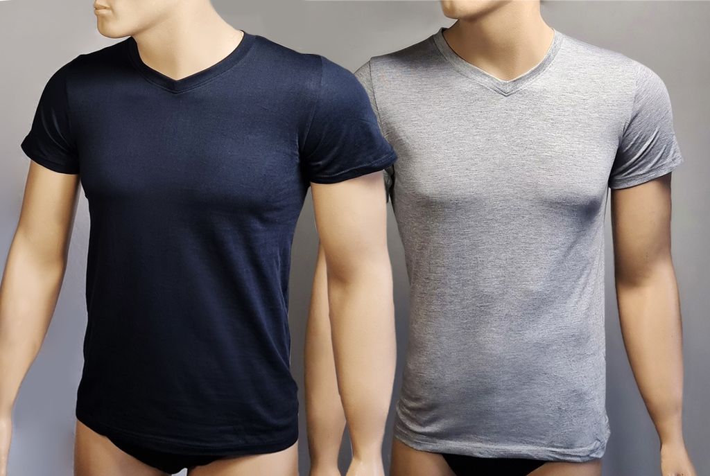 Toker Collection T-Shirt Herren T-Shirt Basic V- Ausschnitt 2er Pack aus Baumwolle Gr.L , Marine/Grau