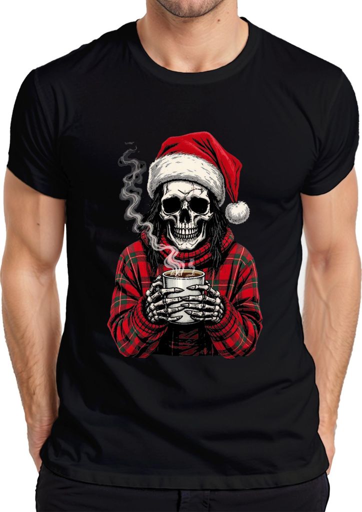 Weihnachtsmann Totenkopf Skelett Kaffee rot Karomuster Gothic Herren T-Shirt, Schwarz, XXL