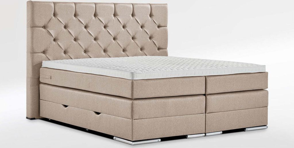 W. ROYAL Boxspringbett 180 x 200 cm Milan CB XL Chesterfield mit Bettkasten & LED-Füße inkl. Topper & Matratze Komplet Set Beige Gewebestoff