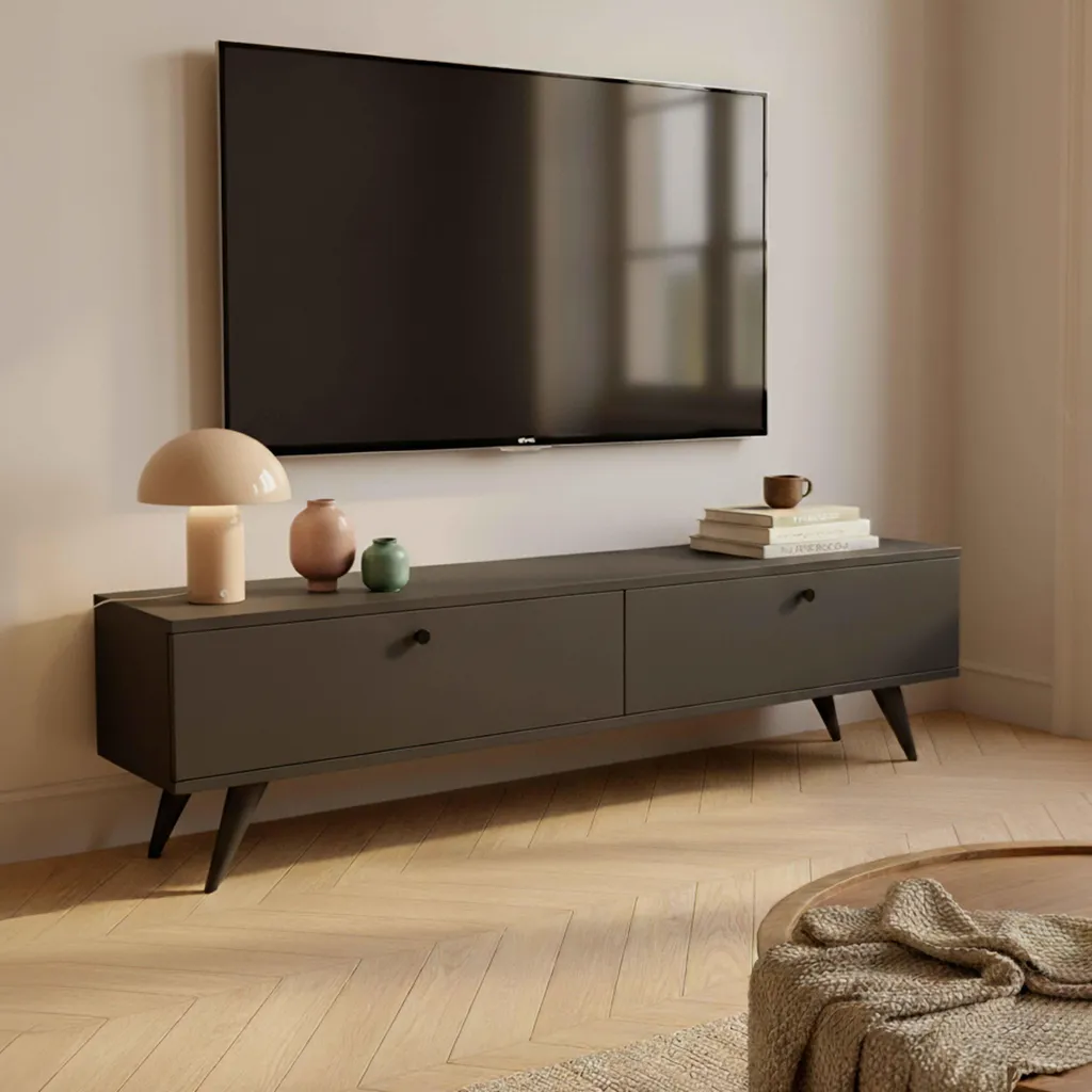 Meuble TV 160 cm gris mélaminé Oviala Jim : fini les câbles visibles