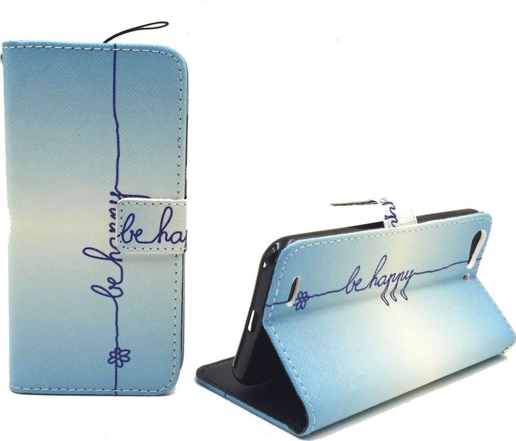 Handyhülle Tasche für Case Handy ZTE Blade V6 Schriftzug Be Happy Blau