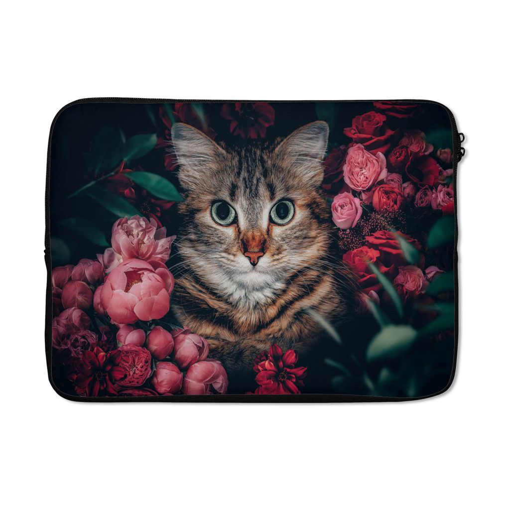 MuchoWow Laptop Hülle 13 Zoll Katze - Blumen - Tiere - Botanisch Laptoptasche - Laptophülle - Sleeve - Rundumschutz