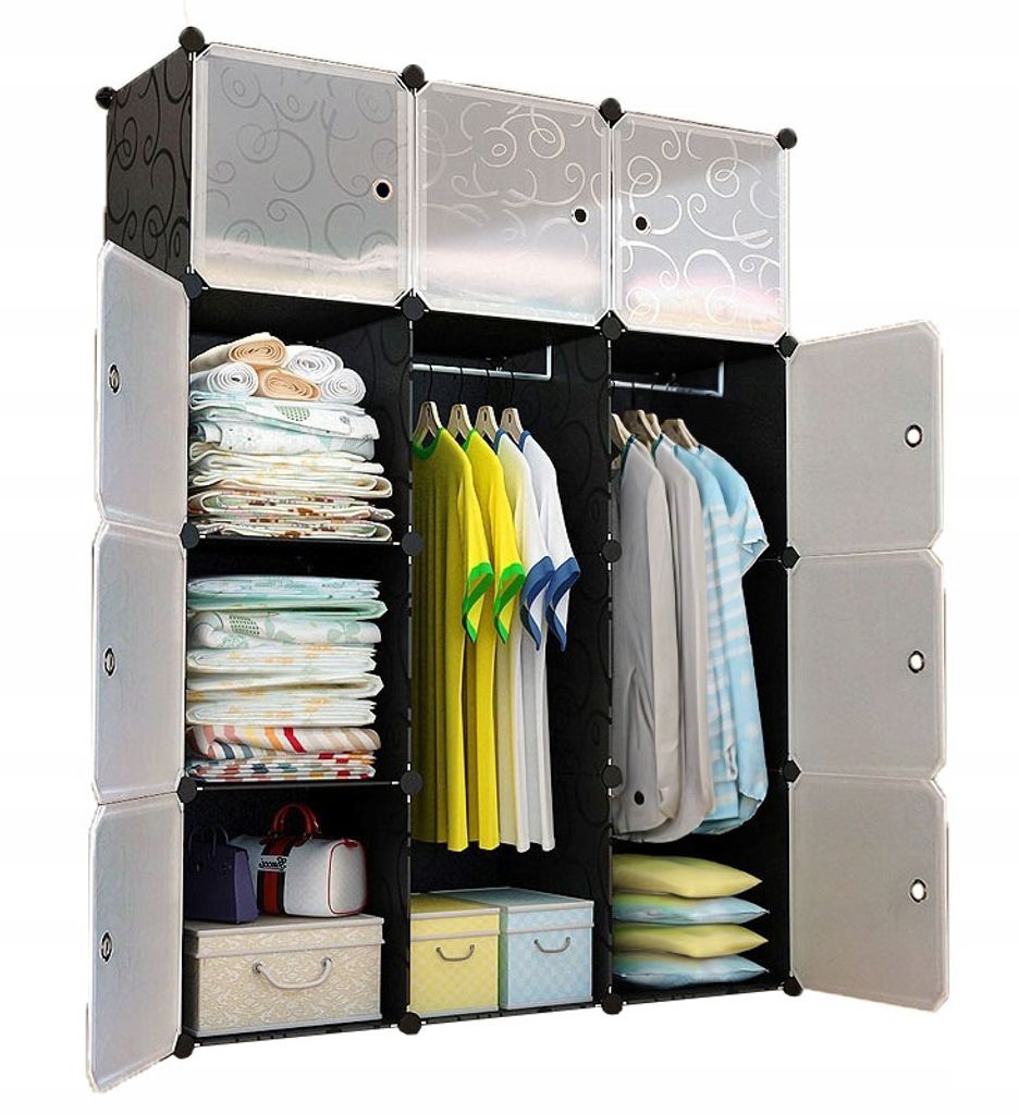 A modular wardrobe with clothes and folded items stored inside.
