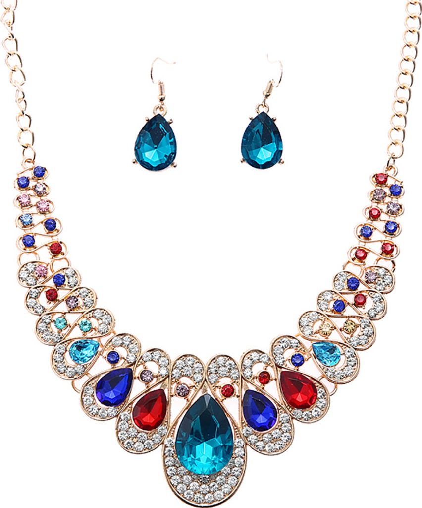 2 Teile/satz Tropfenförmige Strass Statement Bib Halskette Ohrringe Brautschmuck Geschenk-Mehrfarbig