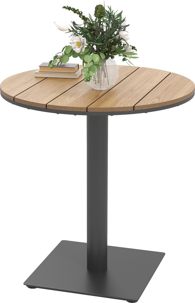 Gartentisch Ø70 cm, Wetterfest Rund Balkontisch mit Lamelldesign, Stahl Ø70 x 74H cm Naturholz