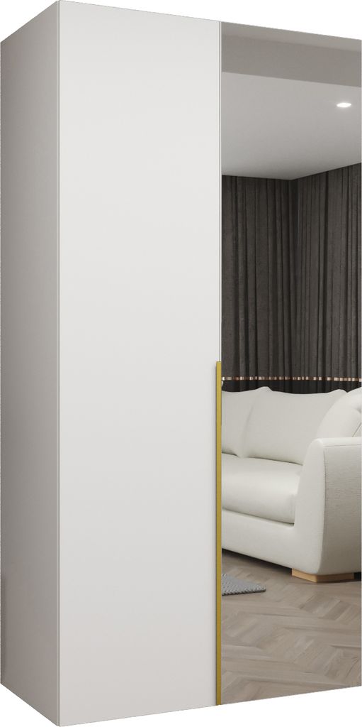 MEBLE KRYSPOL, Kleiderschrank Spiegel, 100x202x52, Weiß, Griff Gold