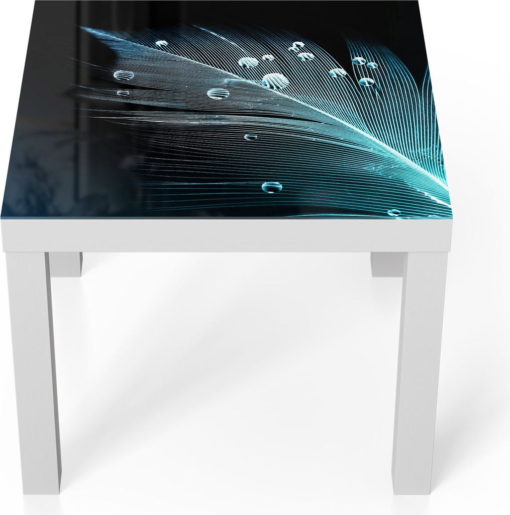 DEQORI Couchtisch 55x55 cm Weiß 'Feder mit Wasserperlen' Glas Beistelltisch