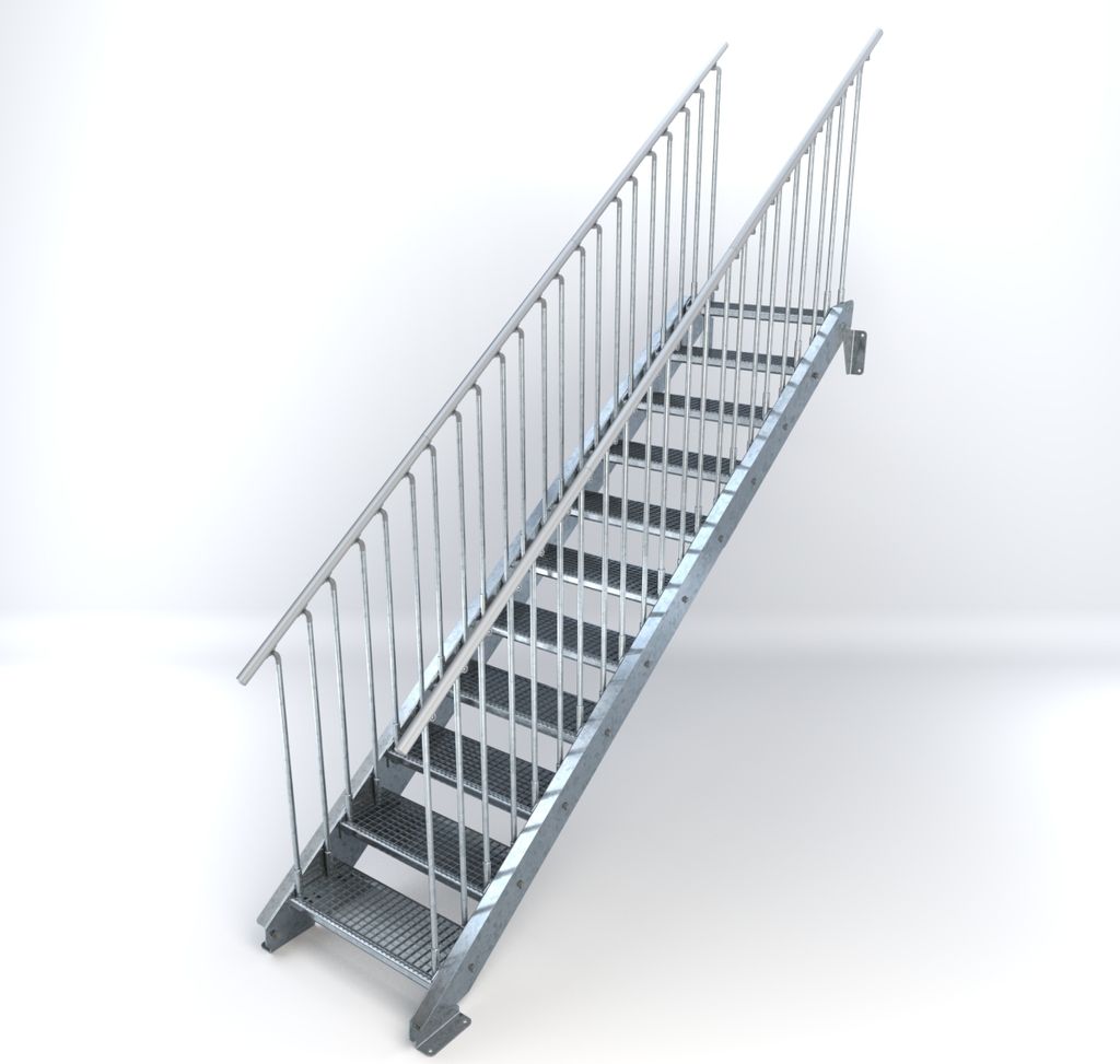 Stahltreppe 11 Stufen bis Höhe 220 cm, Laufbreite : 70 cm beidseitiges Geländer ST 2 (31 / 31 mm gezackt)