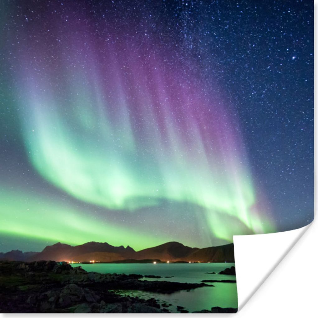 MuchoWow Poster Nordlicht - Grün - Lila - Sternenhimmel - See - Berg 100x100 cm - Babyzimmer