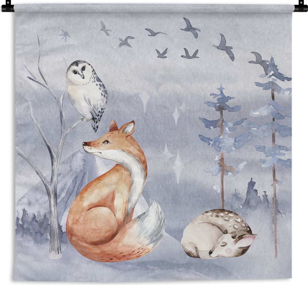 MuchoWow Wandteppich Wandbehang Fuchs - Winter - Gemälde 150x150 cm Tapisserie Dekoration Wandtuch - Wohnaccessoires - Modernes