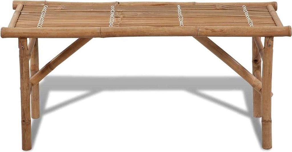 A simple, front-facing shot of a bamboo garden bench on a white background.