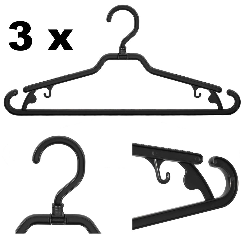 3 Set Kleiderbügel Kunststoff schwarz Haken Universell B 42 cm Steg drehbar
