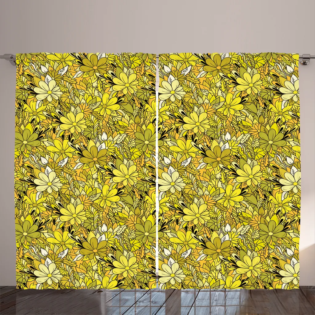 Paire de Rideaux Universels à Motif Floral Jaune et Kaki pour Grand Salon