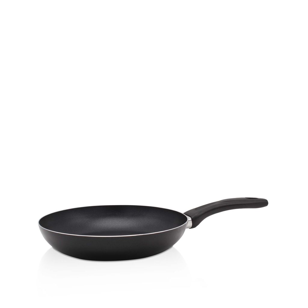 A black frying pan with a silver rim and a black handle is shown against a white background.