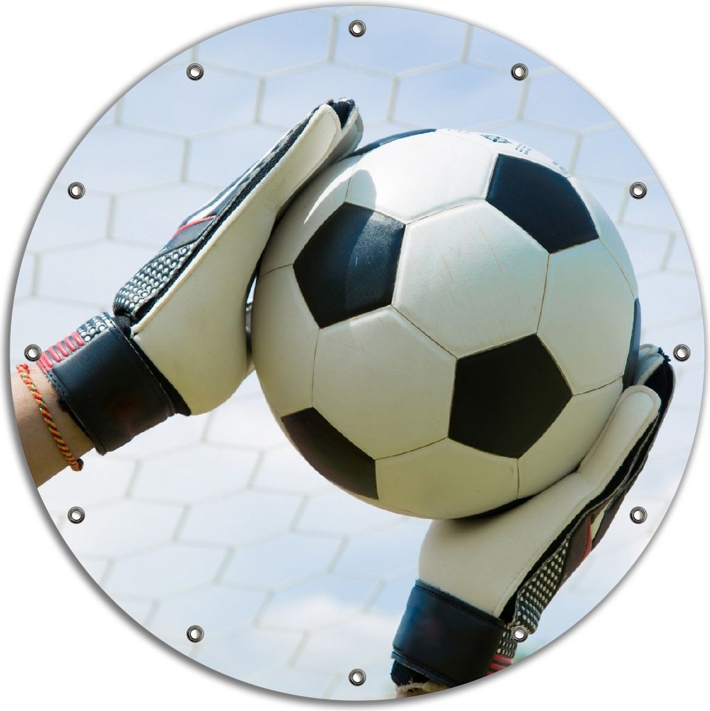 Wallario rundes Outdoor-Poster für Garten oder Balkon, Motiv Fußball - Torwart im Tor vor blauem Himmel, 90 cm Durchmesser