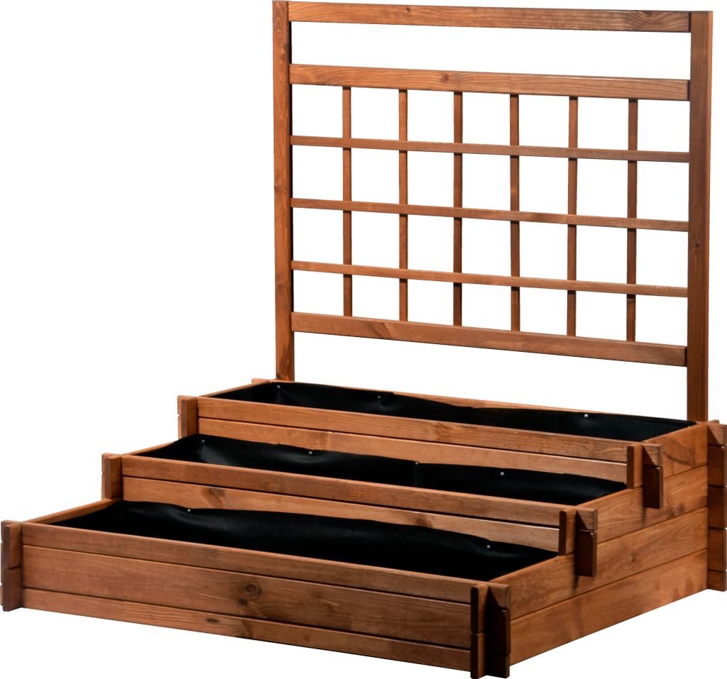 A wooden tiered planter with a trellis.