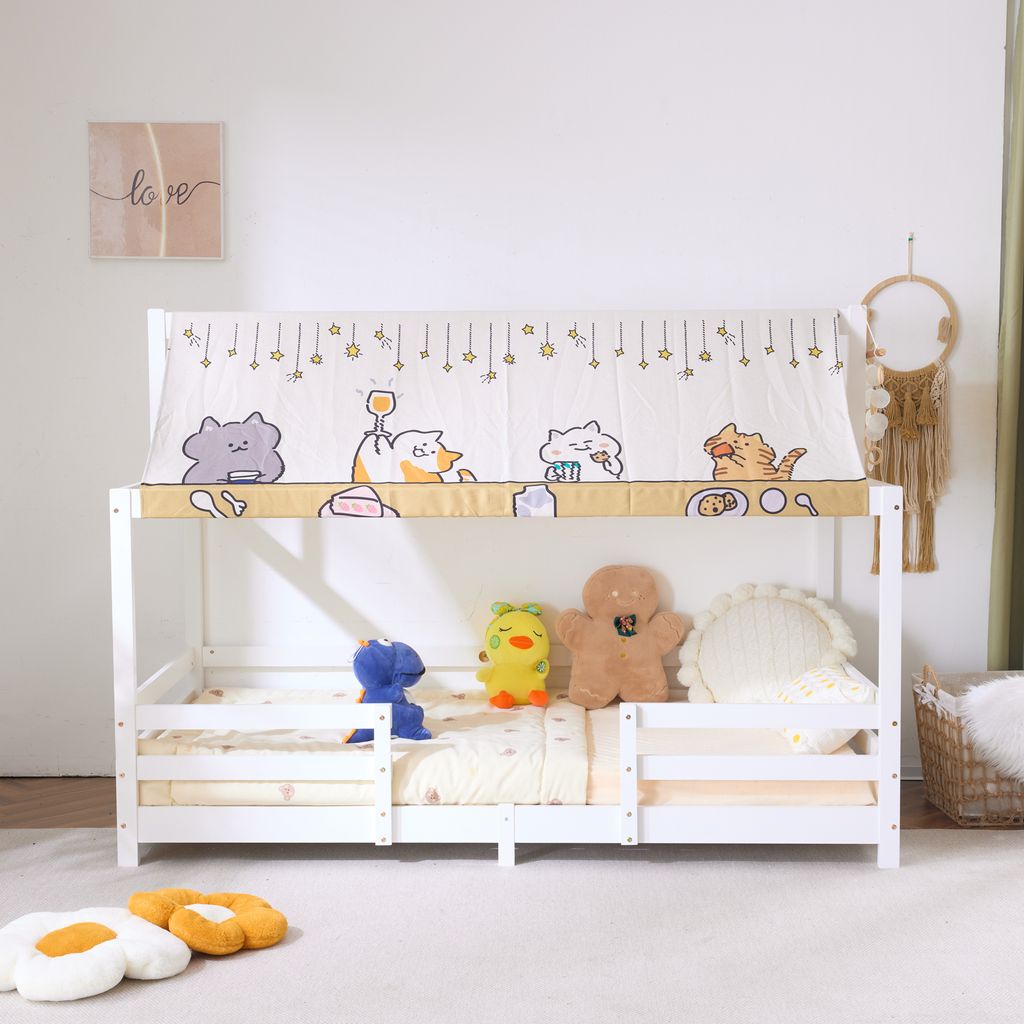 A white wooden bunk bed with a decorative canopy featuring cartoon cats and stars.