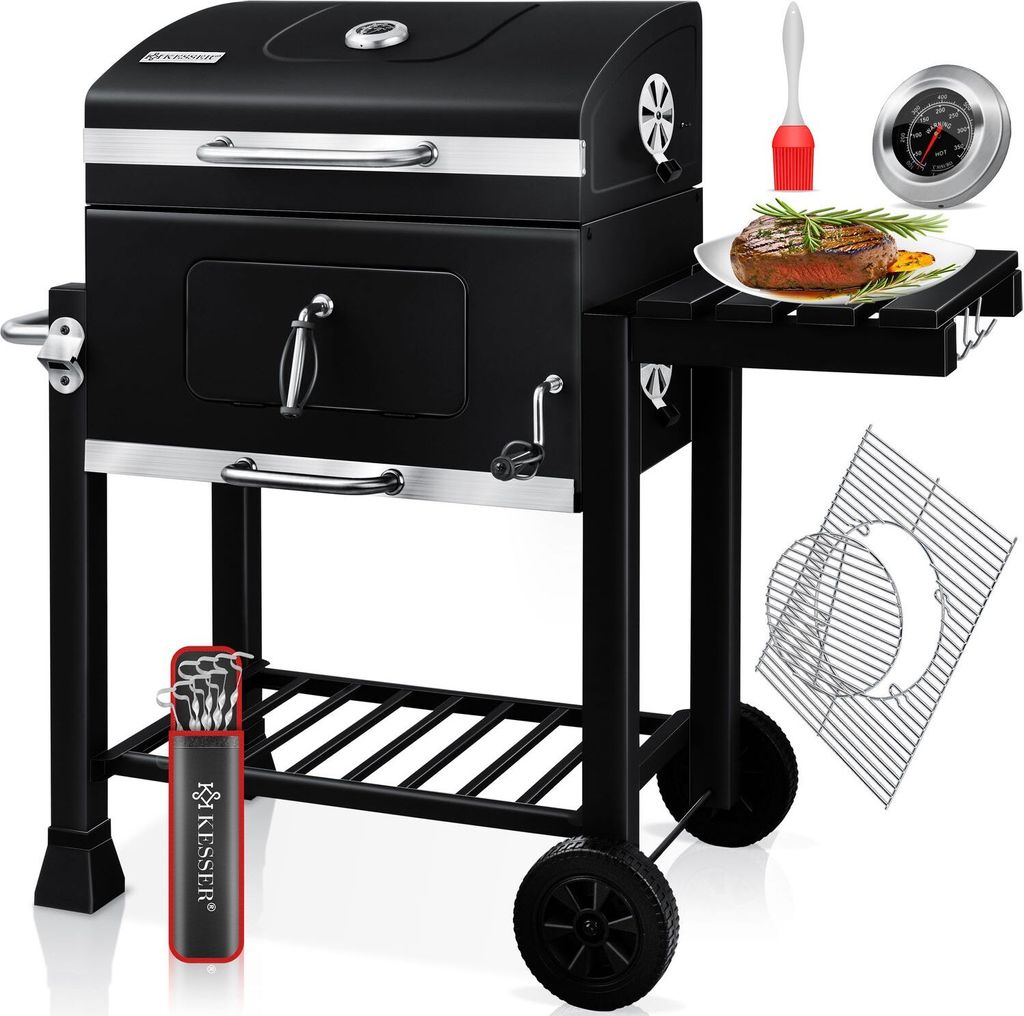 KESSER Grill Grillwagen XXL Holzkohlegrill mit Deckel, Rädern, Edelstahl-Griff, Grillrost und Thermometer Holzkohle kohlegrill Wagen groß Kohle...