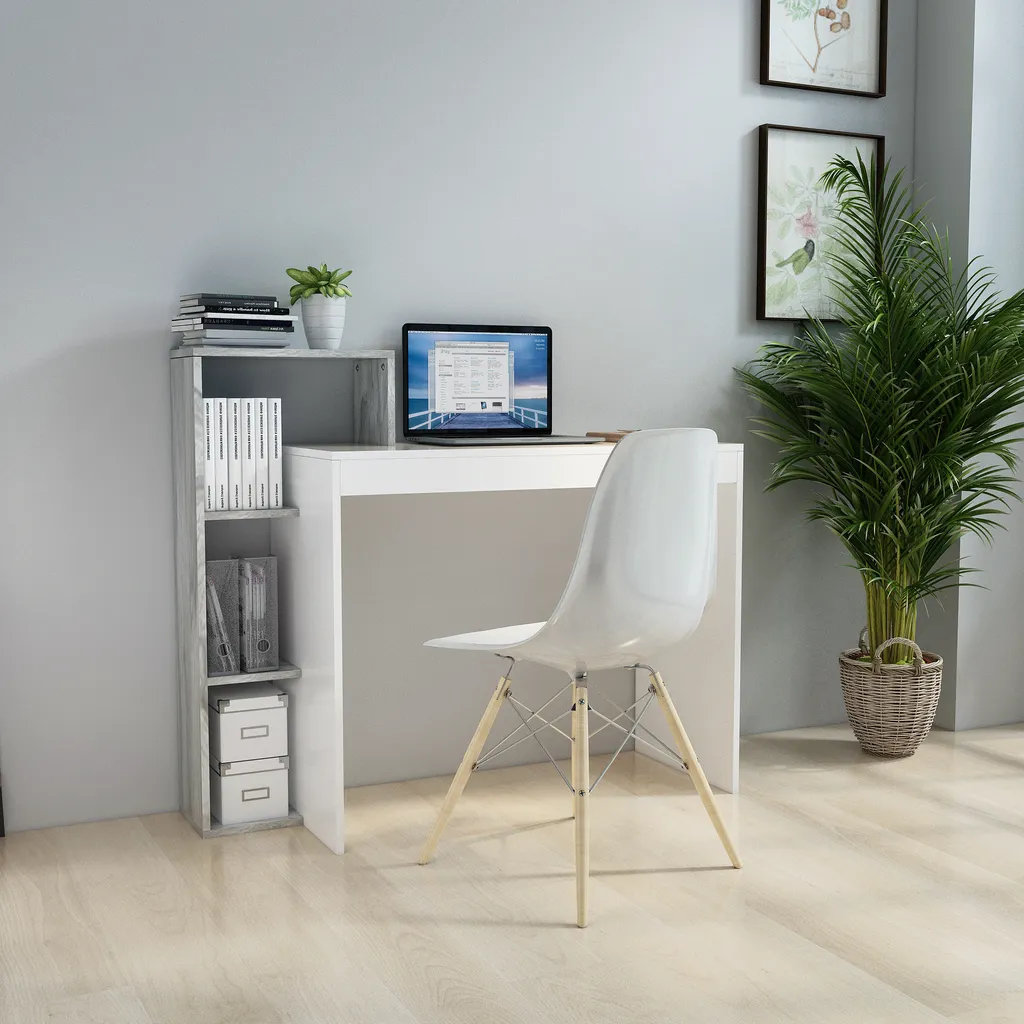 Petit Bureau d'Angle Gain de Place - Solution de Rangement Blanc et Gris