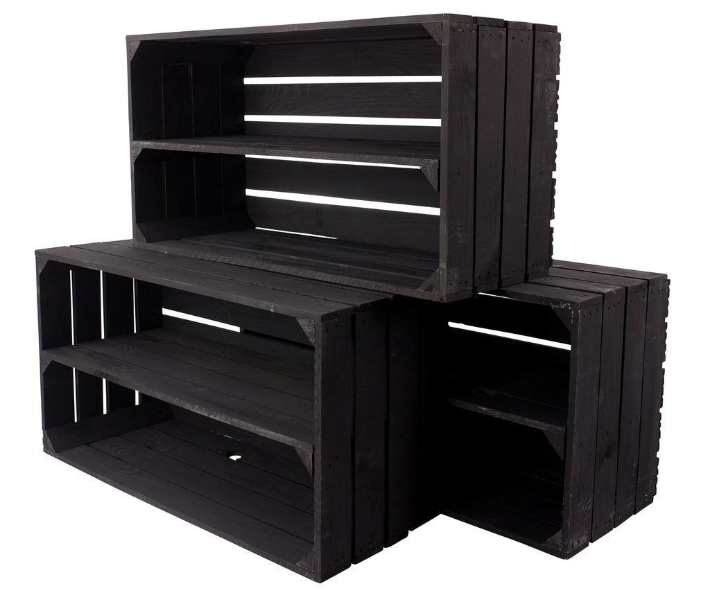 3er Set große neue schwarze Obstkiste/Weinkiste mit 2 Fächern 75cm x 40cm x 31cm Schuhregal Holzregal Bank Garderobe Kiste Box Holzkisten Regalsy...