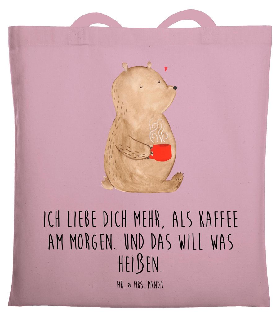 Mr. & Mrs. Panda Schultasche Bär Morgenkaffee - Rosa Pastell - Geschenk, Shopping Tasche, für Frauen, Jutebeutel, Freund, Laptoptasche, Uni, Tote...