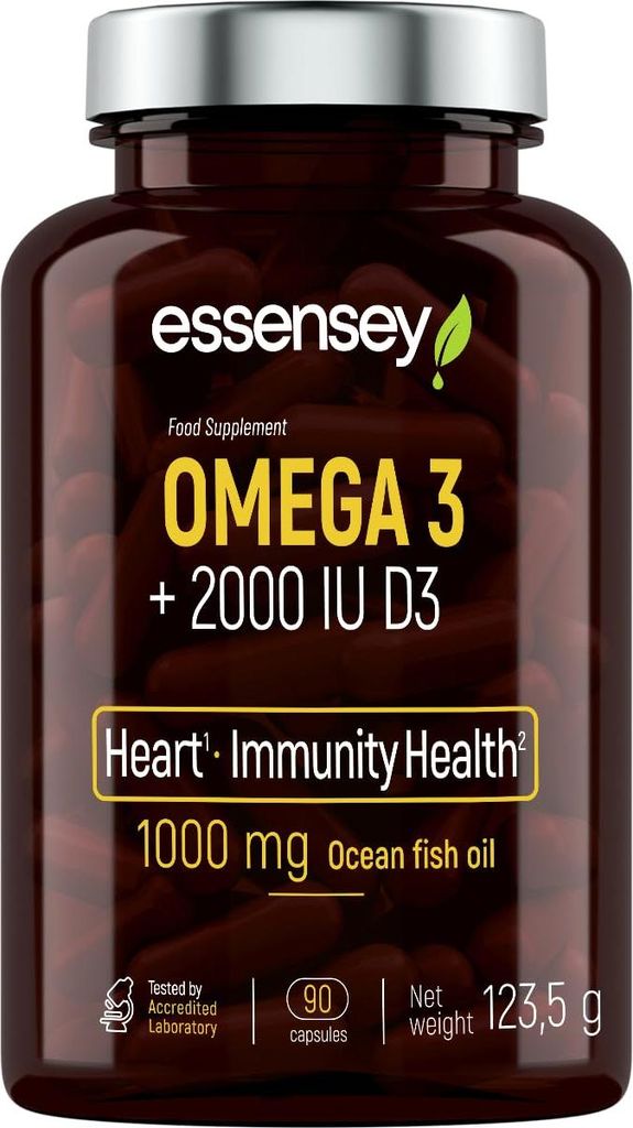 ESSENSEY - Omega 3 2000 UI I 1000mg Fischöl pro Kapsel I 90 Kapseln I Vitamin D3 I mit EPA und DHA (in Triglycerid-Form) I 90 Tagesdosen I Leicht ...