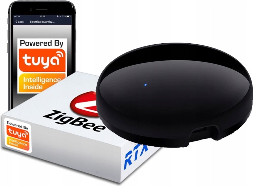 A smartphone displaying a Tuya app interface, a Zigbee product box, and a black smart remote.
