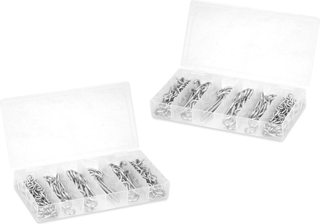Set mit 302 kleinen Haken- und Ringschrauben im Kartons