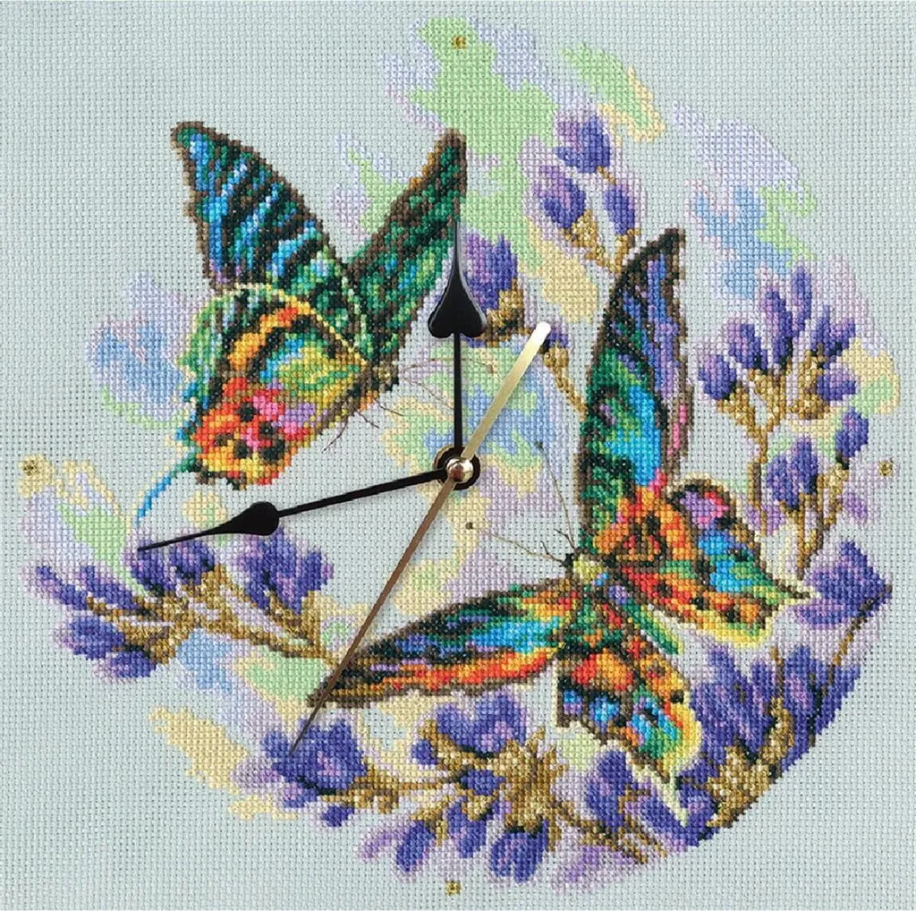 Kit de point de croix horloge pour déco murale DIY papillons 26x26 cm RTO