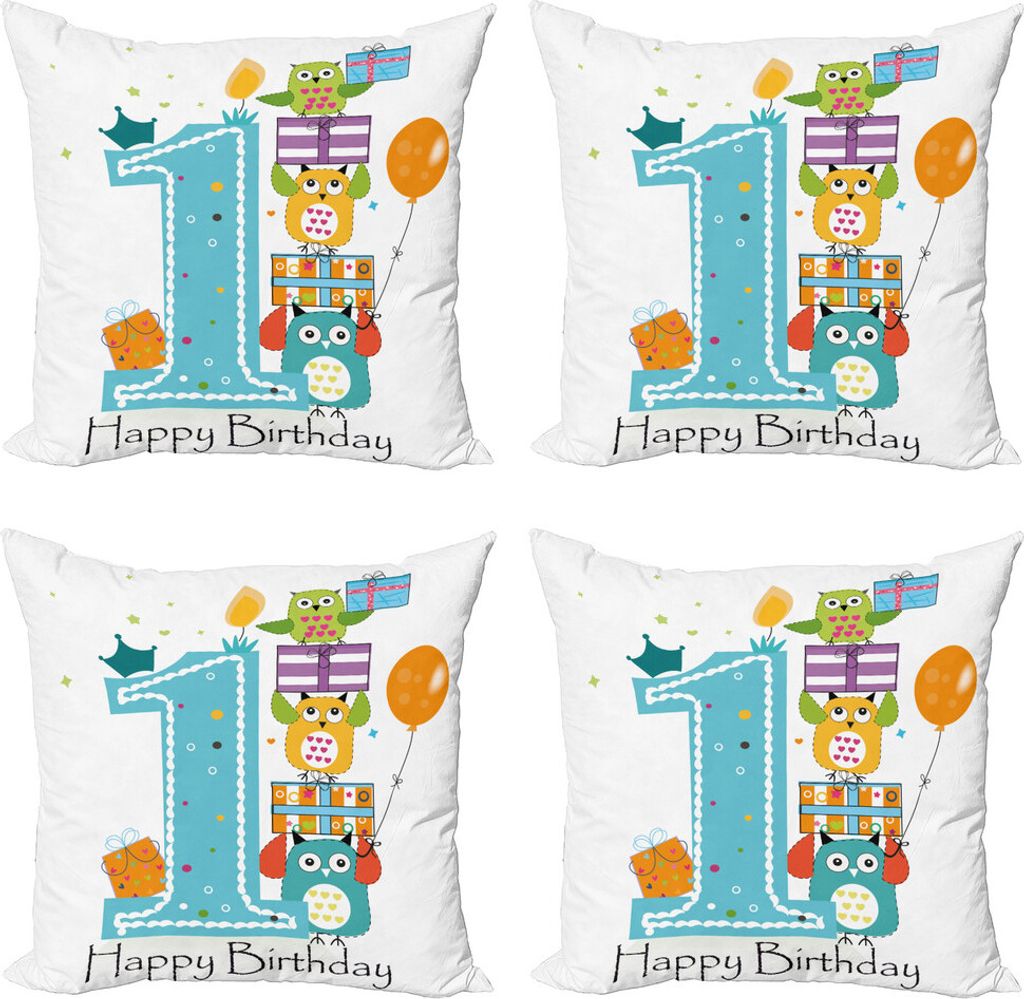 ABAKUHAUS 1. Geburtstag Kissenbezug Set (4 Stück), Erste Kerze Kuchen Eulen, Moderner Doppelseitiger Digitaldruck, 45 cm x 45 cm, Sky Blau Orange